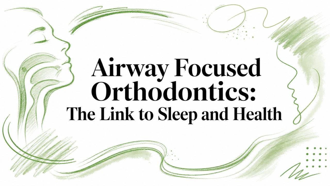 Presentation slide titled 'Airway Focused Orthodontics: The Link to Sleep and Health' with green abstract line art of faces surrounding the text.