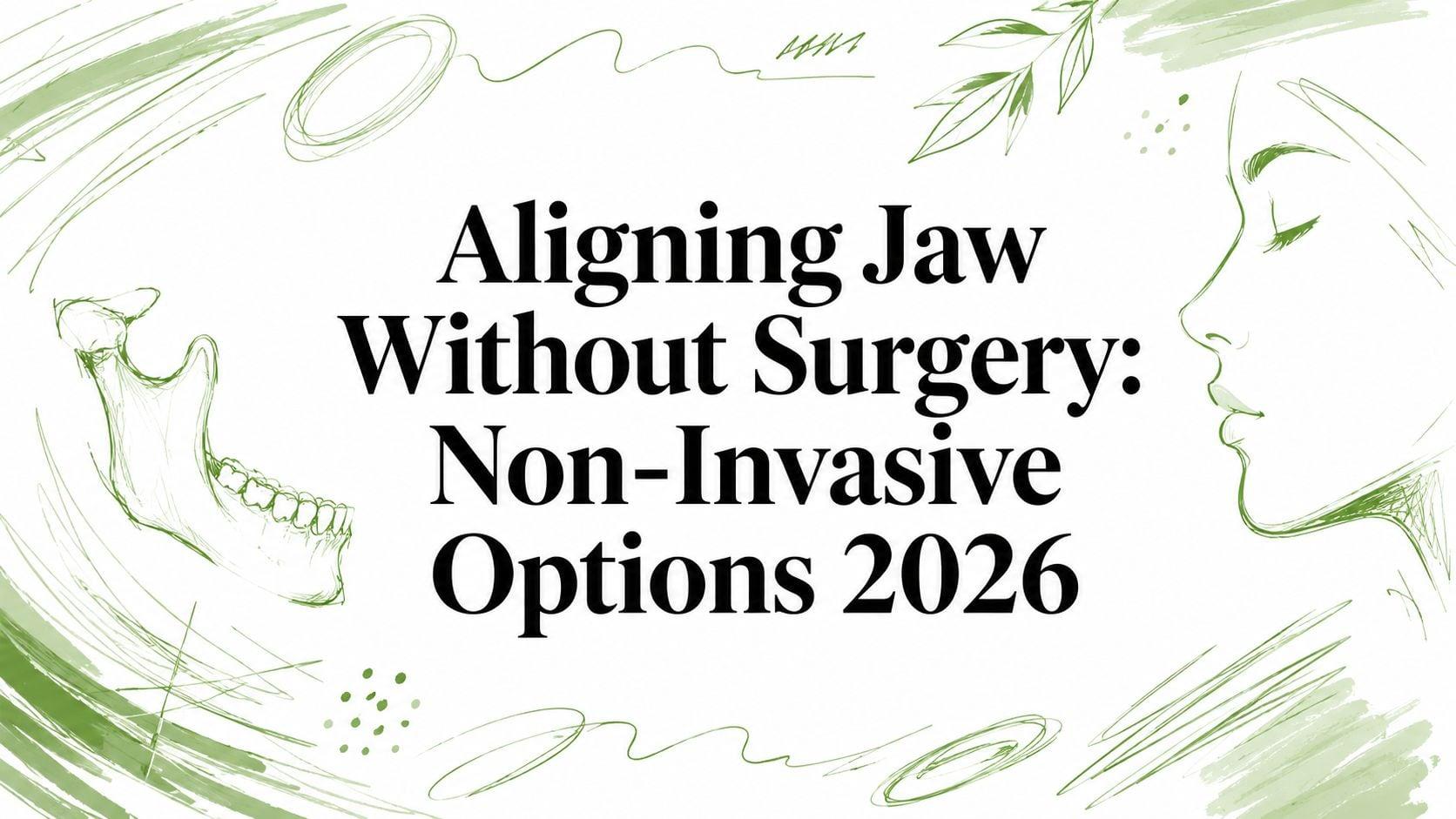 Banner: article headline 'Aligning Jaw Without Surgery: Non-Invasive Options 2026' framed by green sketch of jaw and portrait outlines.