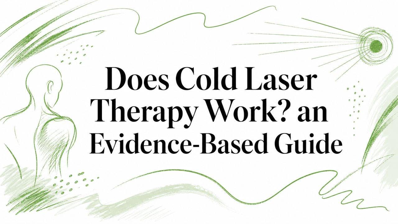 Green abstract brush strokes frame a human silhouette on the left with the headline 'Does Cold Laser Therapy Work? an Evidence-Based Guide'. This is a banner-style informative image for an article topic about cold laser therapy, using green artwork and a figure.