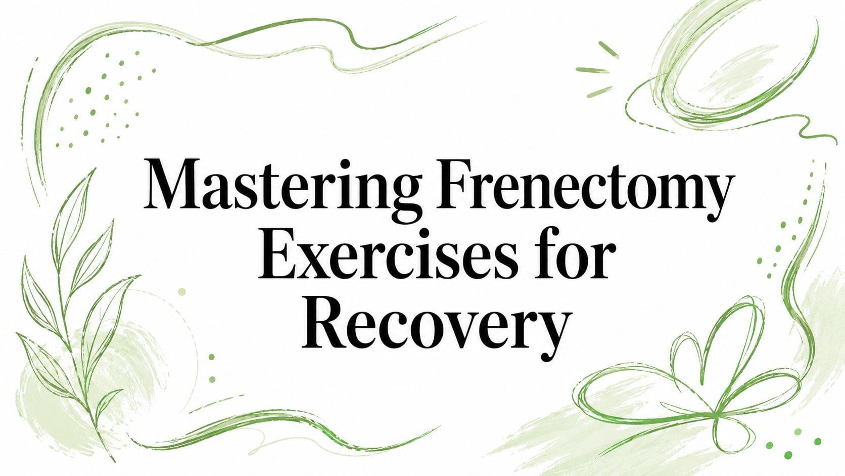 Title: "Mastering Frenectomy Exercises for Recovery" with green decorative swirls and leaves framing the text.
