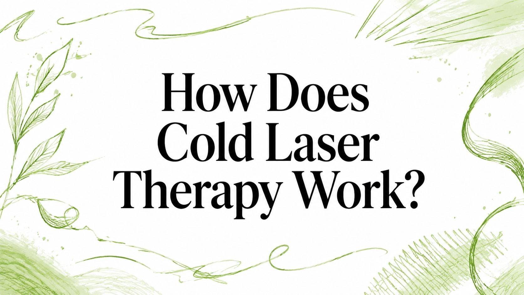 How Does Cold Laser Therapy Work? title in black serif font with green decorative swirls.