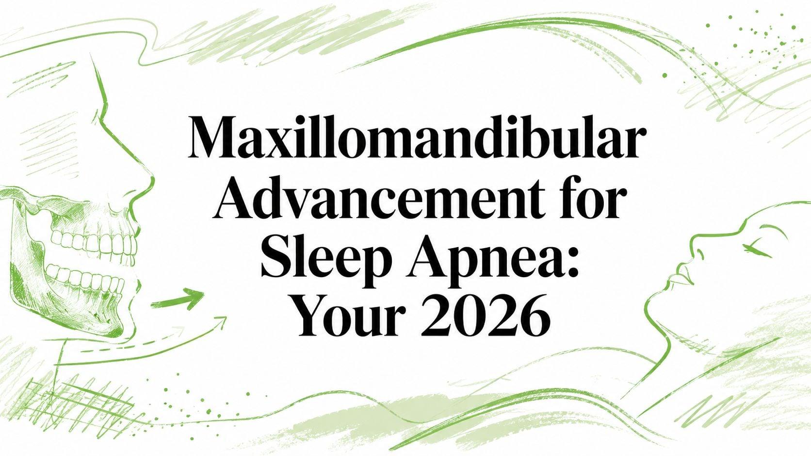 Banner about sleep apnea treatment: 'Maxillomandibular Advancement for Sleep Apnea: Your 2026' with green line-art skull and profile on white background.