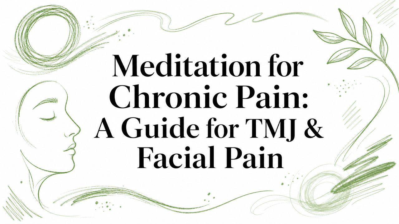 Title card: 'Meditation for Chronic Pain: A Guide for TMJ & Facial Pain' with green abstract swirls and a side profile of a woman's face.