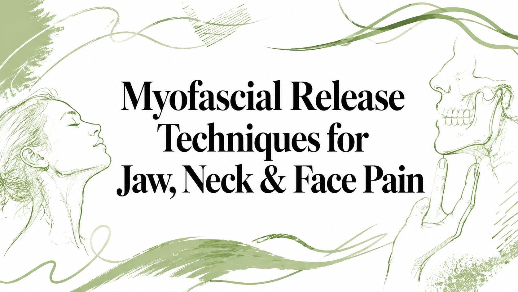 Informational banner: 'Myofascial Release Techniques for Jaw, Neck & Face Pain' with green sketch illustrations on white background.