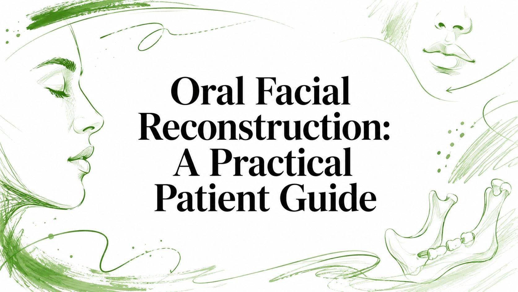 Cover for a patient guide: Oral Facial Reconstruction—A Practical Patient Guide, with green line-art faces and a jawbone surrounding the title.