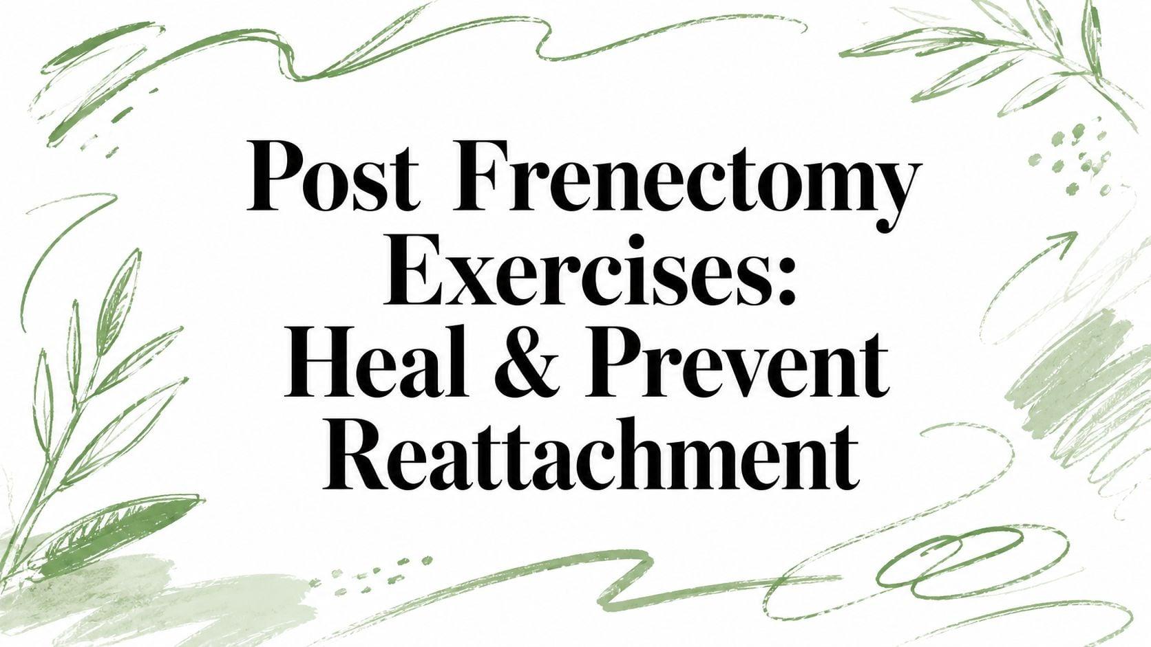 Title card reading 'Post Frenectomy Exercises: Heal & Prevent Reattachment' with green brushstroke decorative borders surrounding the text.
