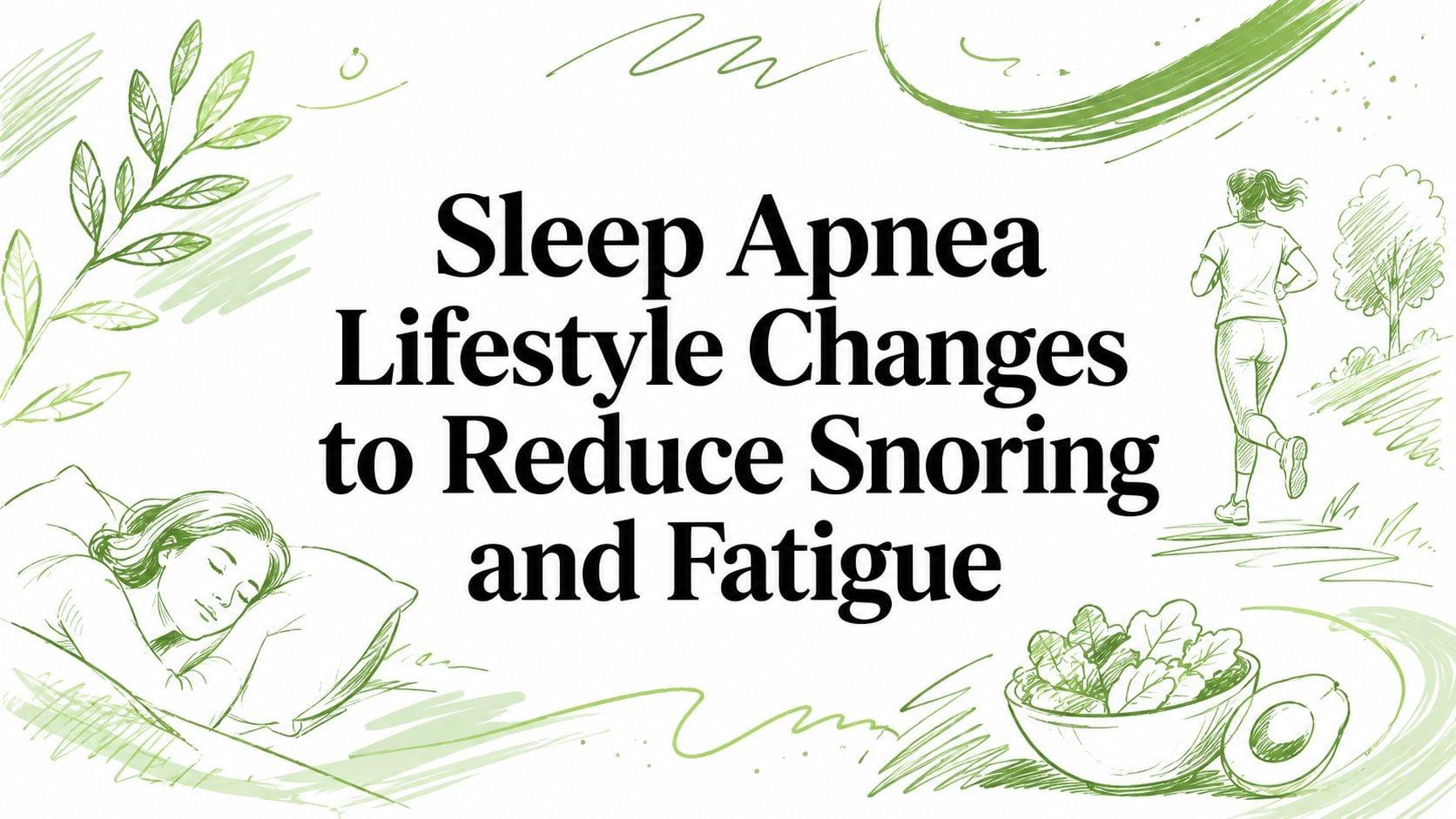 Banner with bold text: Sleep Apnea Lifestyle Changes to Reduce Snoring and Fatigue, surrounded by green nature sketches (sleeping person, runner, leaves)