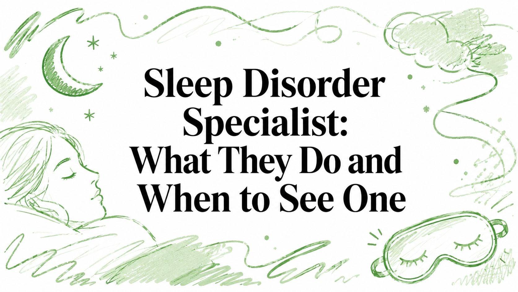 Header for an article: 'Sleep Disorder Specialist: What They Do and When to See One' with green doodles of a moon, stars, and a sleeping mask.