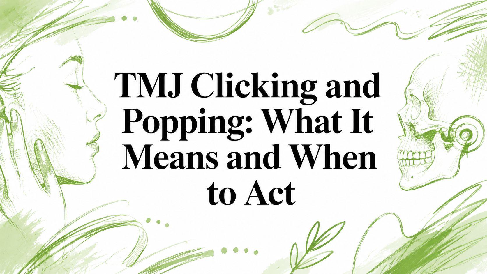 Banner title: 'TMJ Clicking and Popping: What It Means and When to Act' with green sketches of a profile on the left and a skull on the right (informational banner).