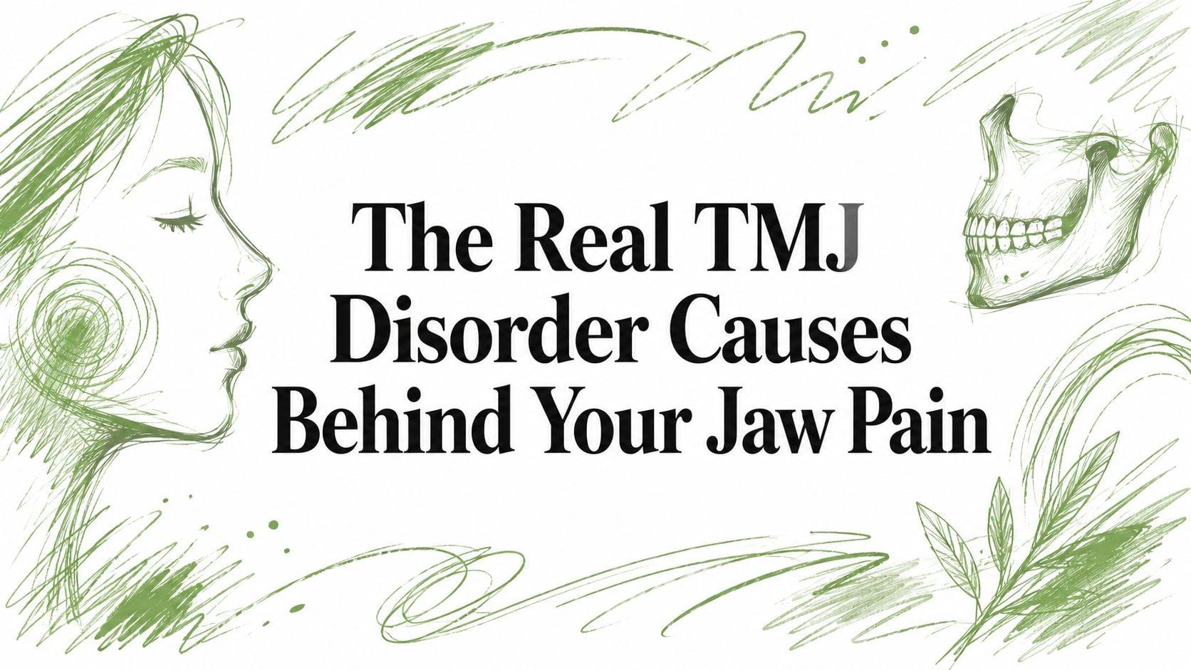 Green sketch banner with a woman's profile on the left and a skeleton on the right, framing the title 'The Real TMJ Disorder Causes Behind Your Jaw Pain'.