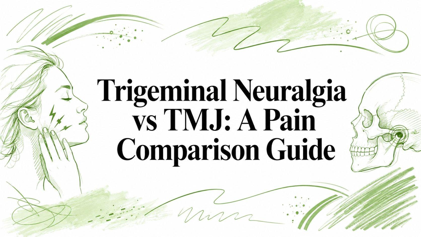 Illustration showing a woman in facial pain on the left and a skull on the right, with the text 'Trigeminal Neuralgia vs TMJ: A Pain Comparison Guide' in the center (informational header).