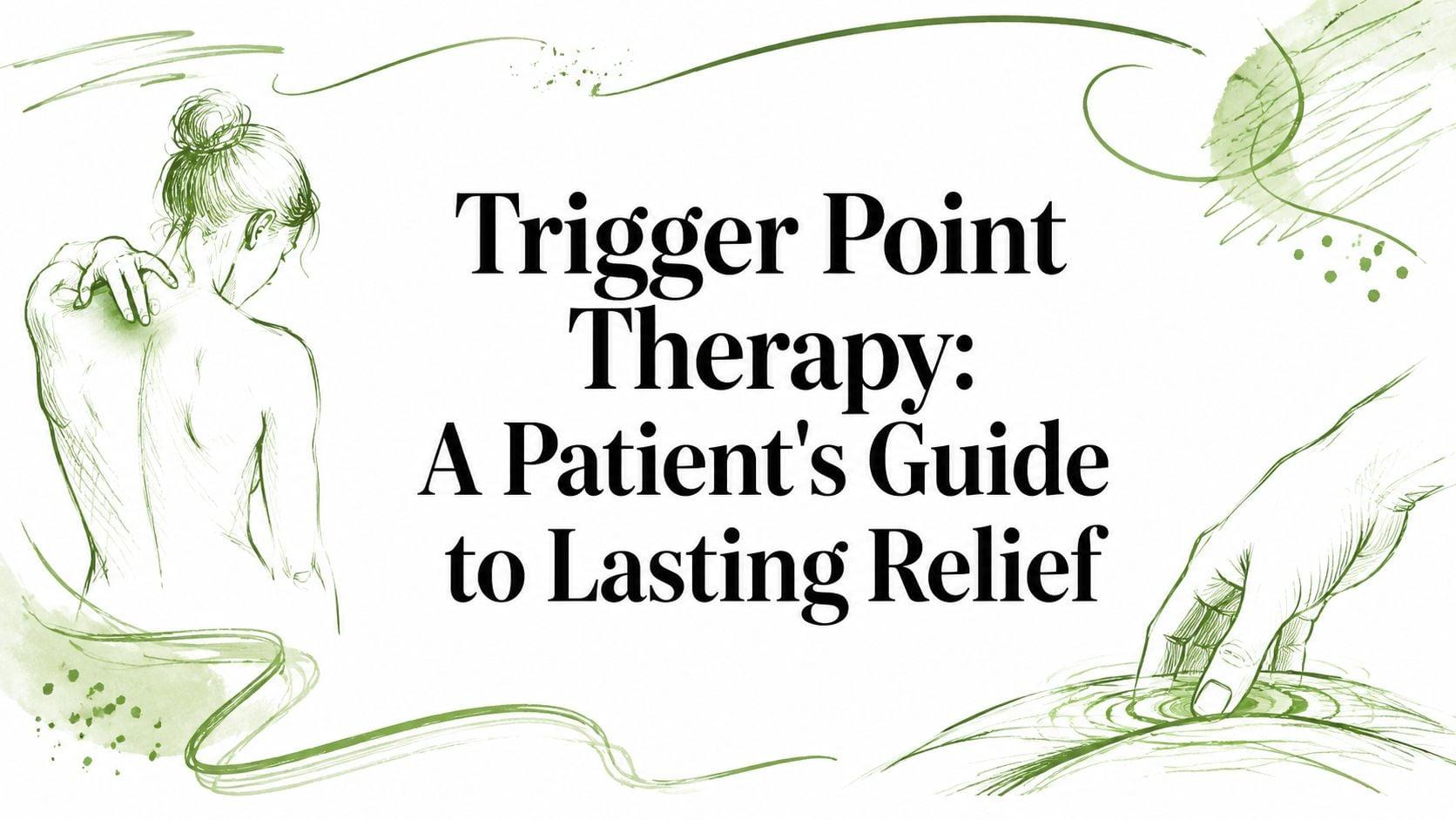 Illustration of a person’s back being pressed by a hand, with the title 'Trigger Point Therapy: A Patient’s Guide to Lasting Relief'.