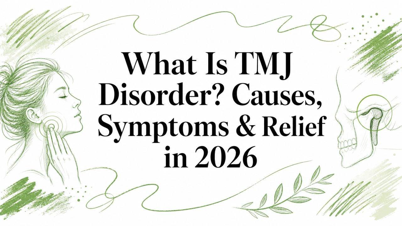 Banner: 'What Is TMJ Disorder? Causes, Symptoms & Relief in 2026' with a person touching their jaw and a skull illustration on a green decorative background
