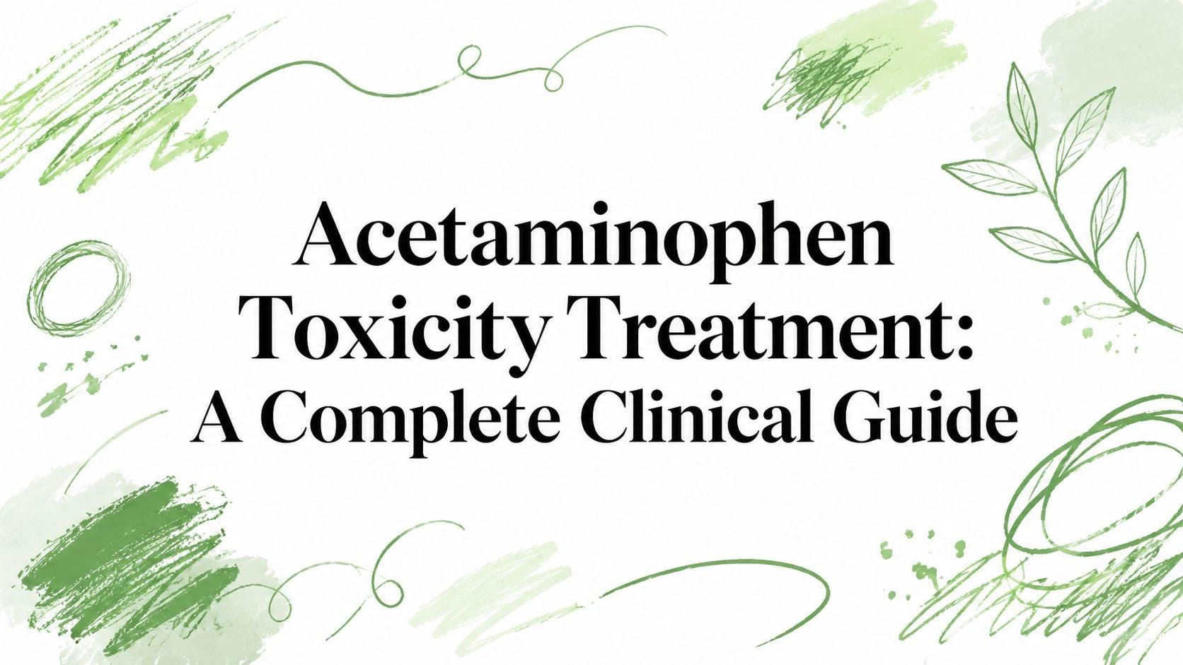 Title banner: "Acetaminophen Toxicity Treatment: A Complete Clinical Guide" with green brushstroke decorations around the edges