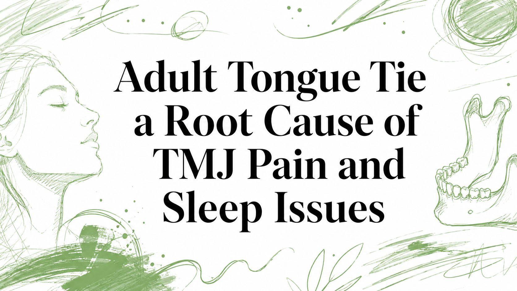 Center-aligned headline: 'Adult Tongue Tie a Root Cause of TMJ Pain and Sleep Issues' with green sketched profile and jawbone illustrations along the edges.