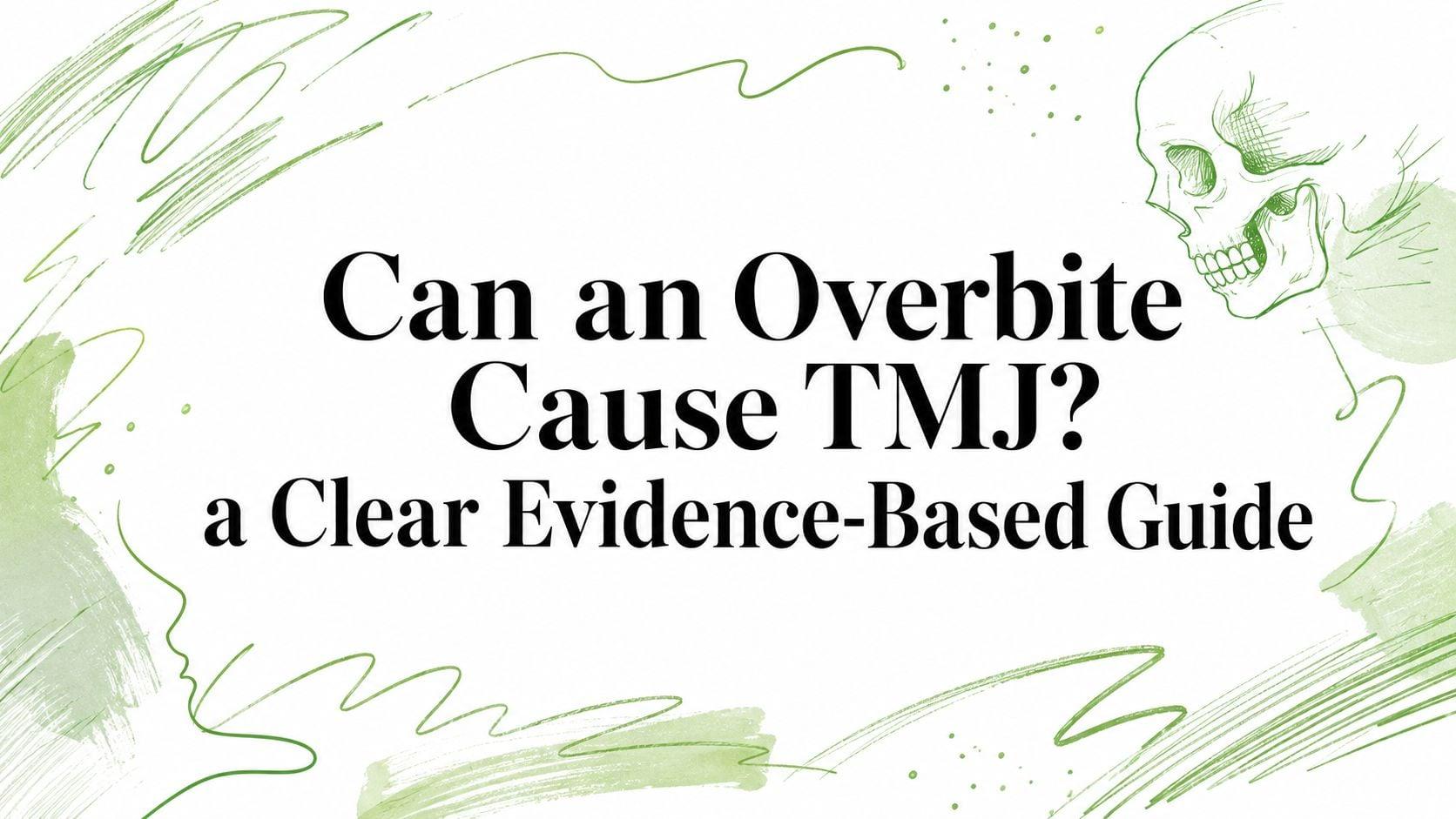 Title card: 'Can an Overbite Cause TMJ? a Clear Evidence-Based Guide' with green abstract doodles and a skull on the right.