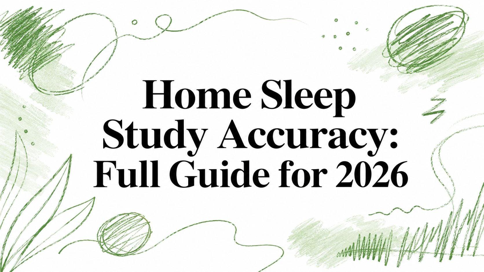 Hero banner with the title 'Home Sleep Study Accuracy: Full Guide for 2026' in large black serif text on a white background, surrounded by green abstract doodles and swirls.