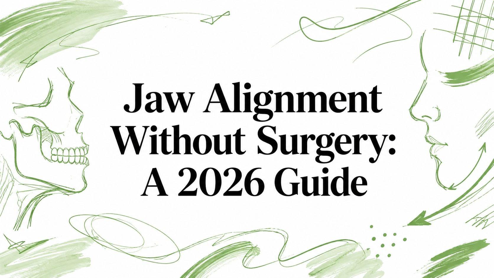 Cover image with green line art of a skull left and a profile right, title reads 'Jaw Alignment Without Surgery: A 2026 Guide'