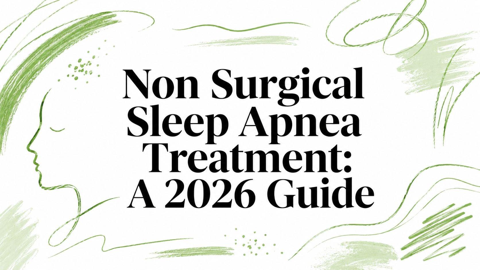 Hero banner with green abstract brush strokes and a profile silhouette, title reads 'Non Surgical Sleep Apnea Treatment: A 2026 Guide'