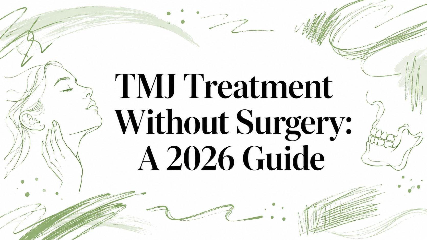 Illustrated banner with a woman’s profile on the left and a skull on the right, centered bold title reads 'TMJ Treatment Without Surgery: A 2026 Guide'.