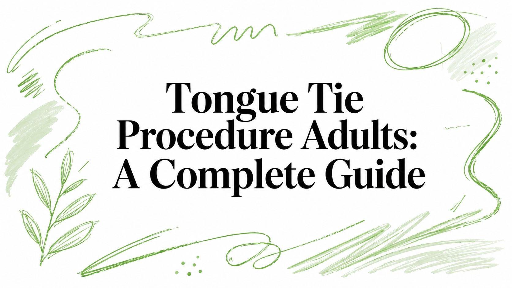 Title card: "Tongue Tie Procedure Adults: A Complete Guide" with green brush-stroke borders framing the edges.