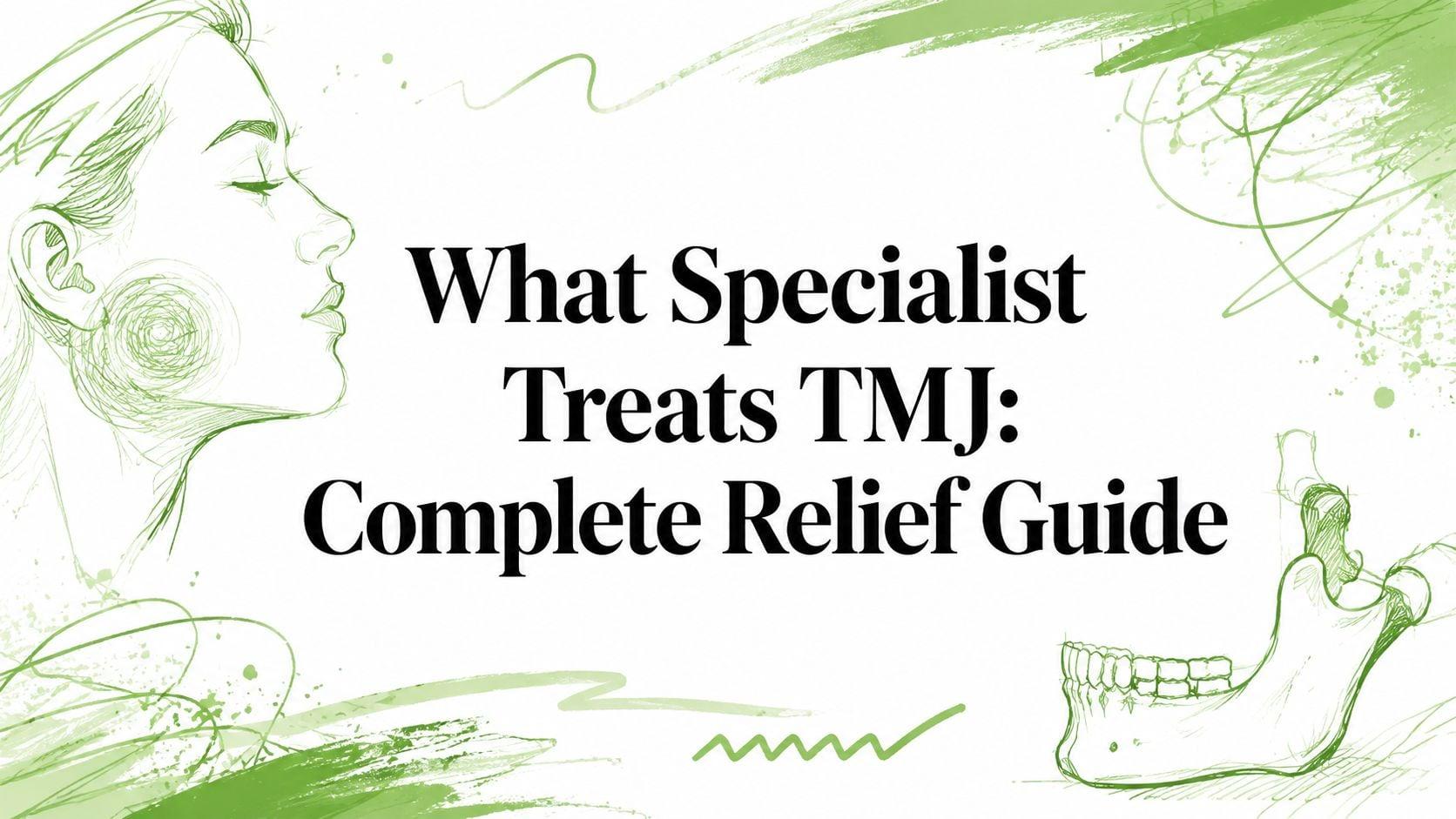 Green sketch illustration of a head in profile on the left and a jawbone on the right framing the title: 'What Specialist Treats TMJ: Complete Relief Guide'.