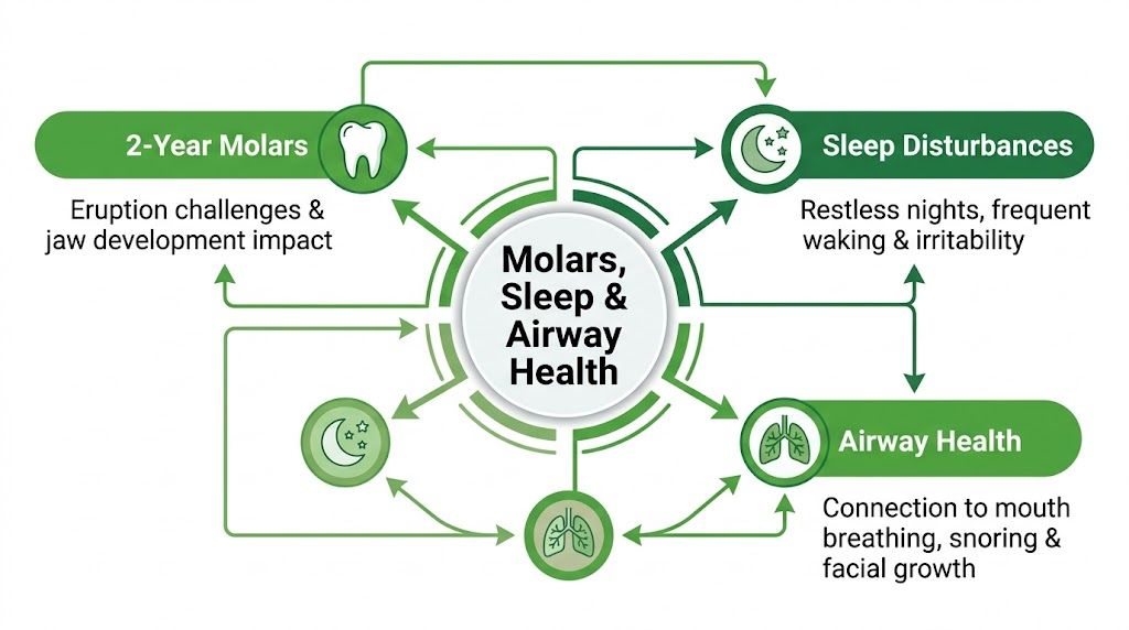 An infographic showing the interconnected relationship between 2-year molars, sleep disturbances, and airway health in children.