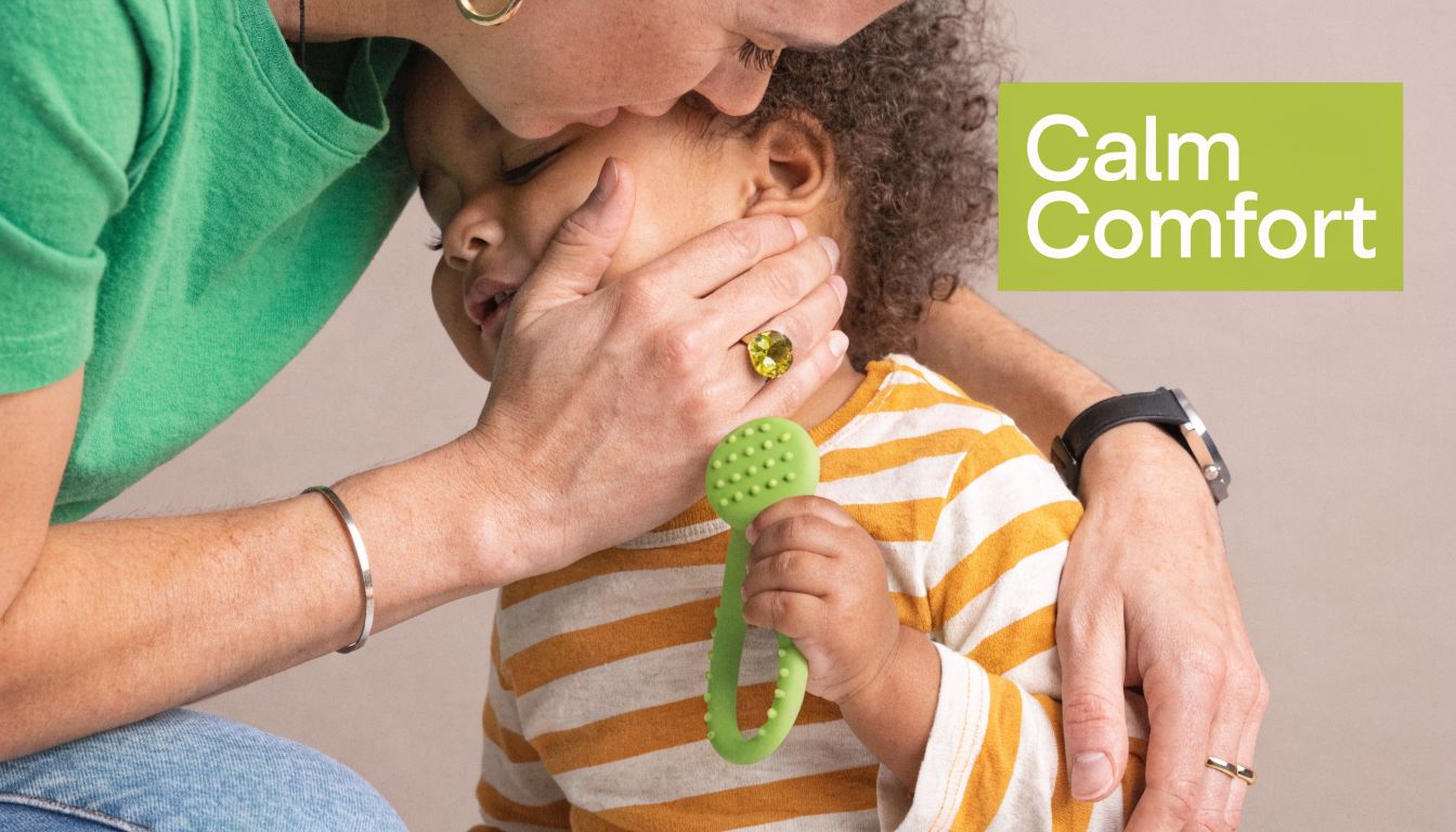 A mother comforting her young toddler who is holding a green silicone teething toy for support.