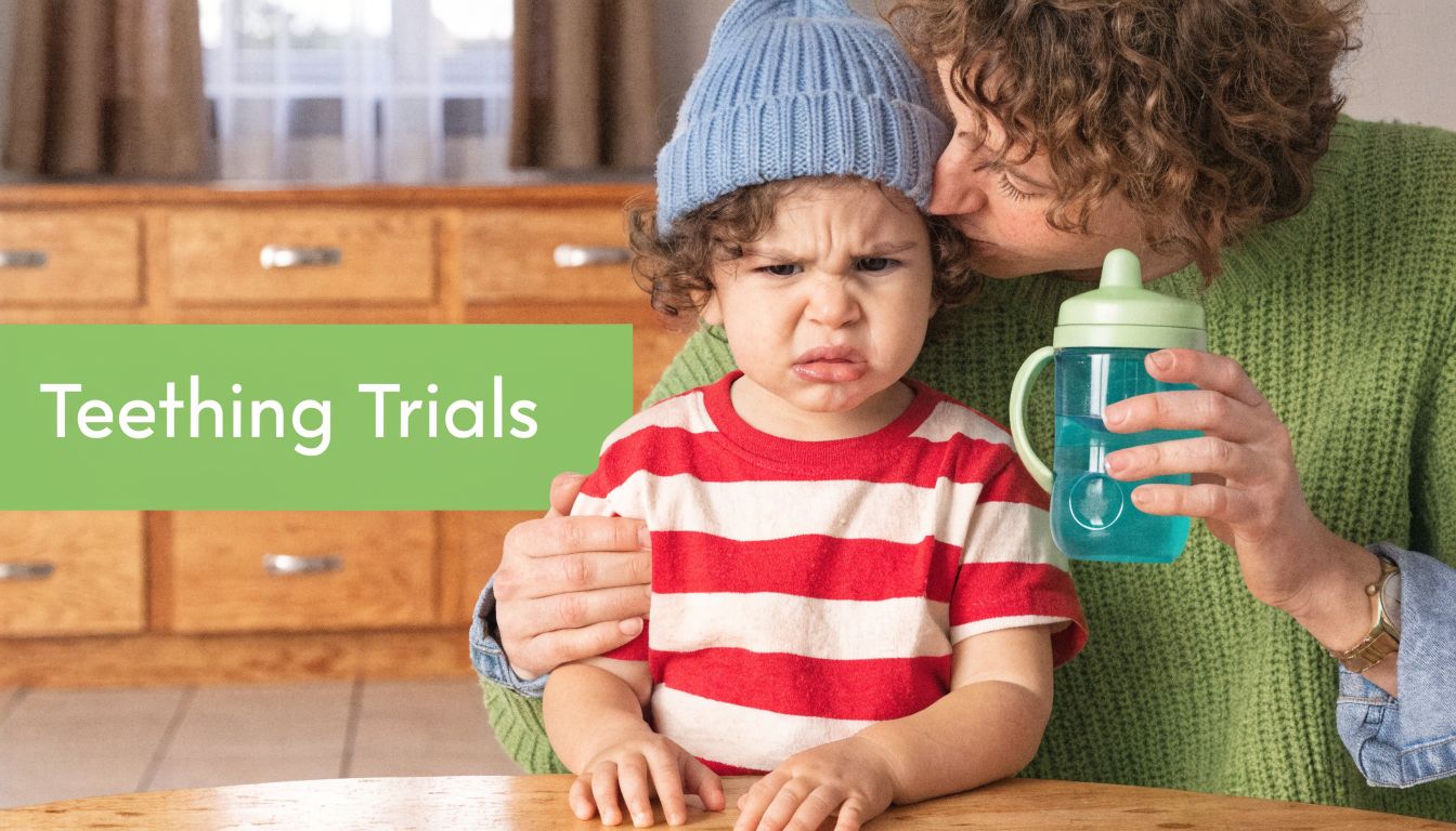 A concerned mother holding a fussy toddler who is likely experiencing pain from teething symptoms.