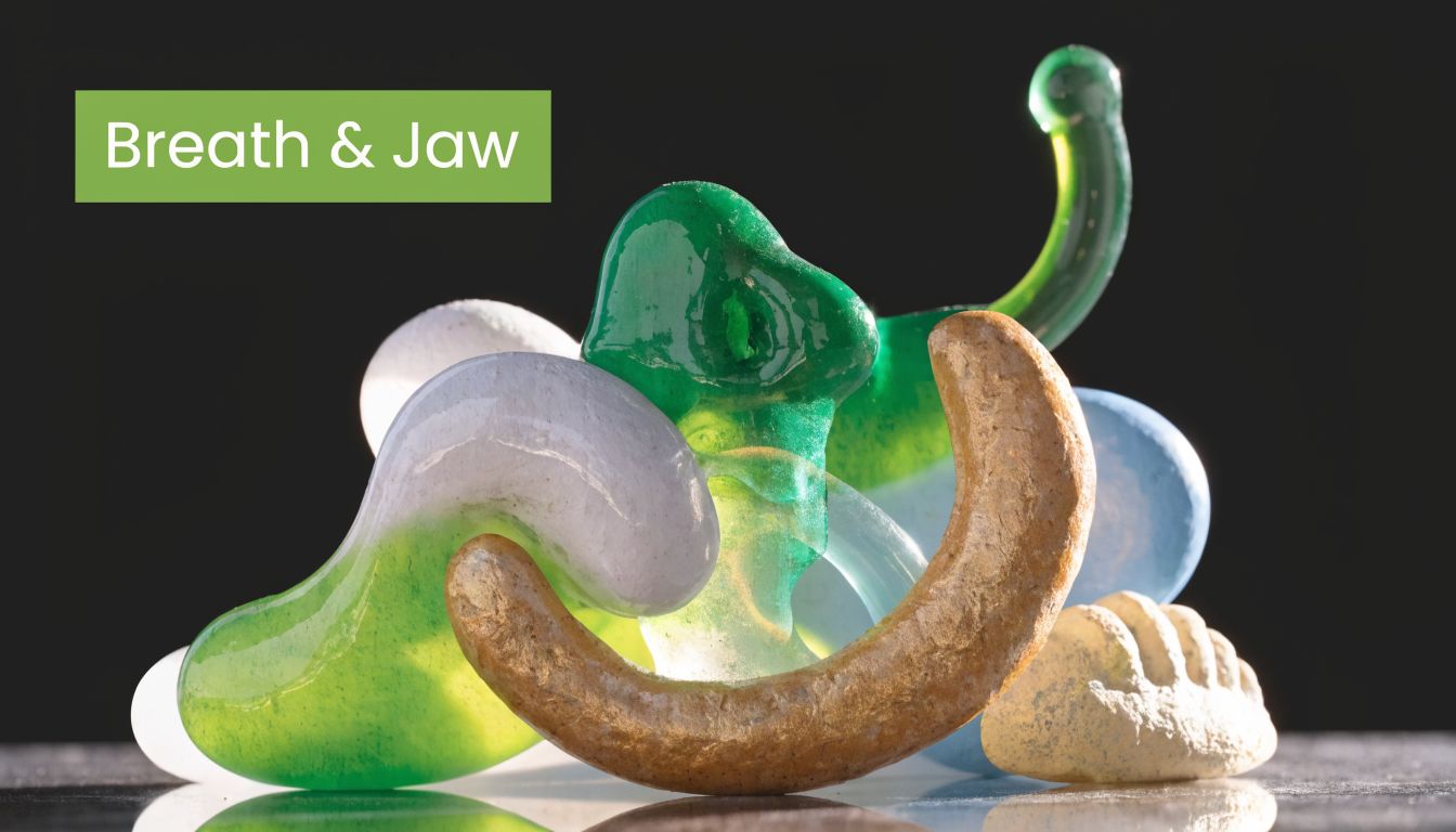 A close up artistic composition of abstract glass sculptures, smooth stones, and textured shapes on a dark background.