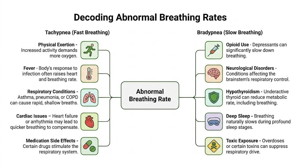 An infographic titled Decoding Abnormal Breathing Rates comparing causes of tachypnea and bradypnea with illustrated icons.