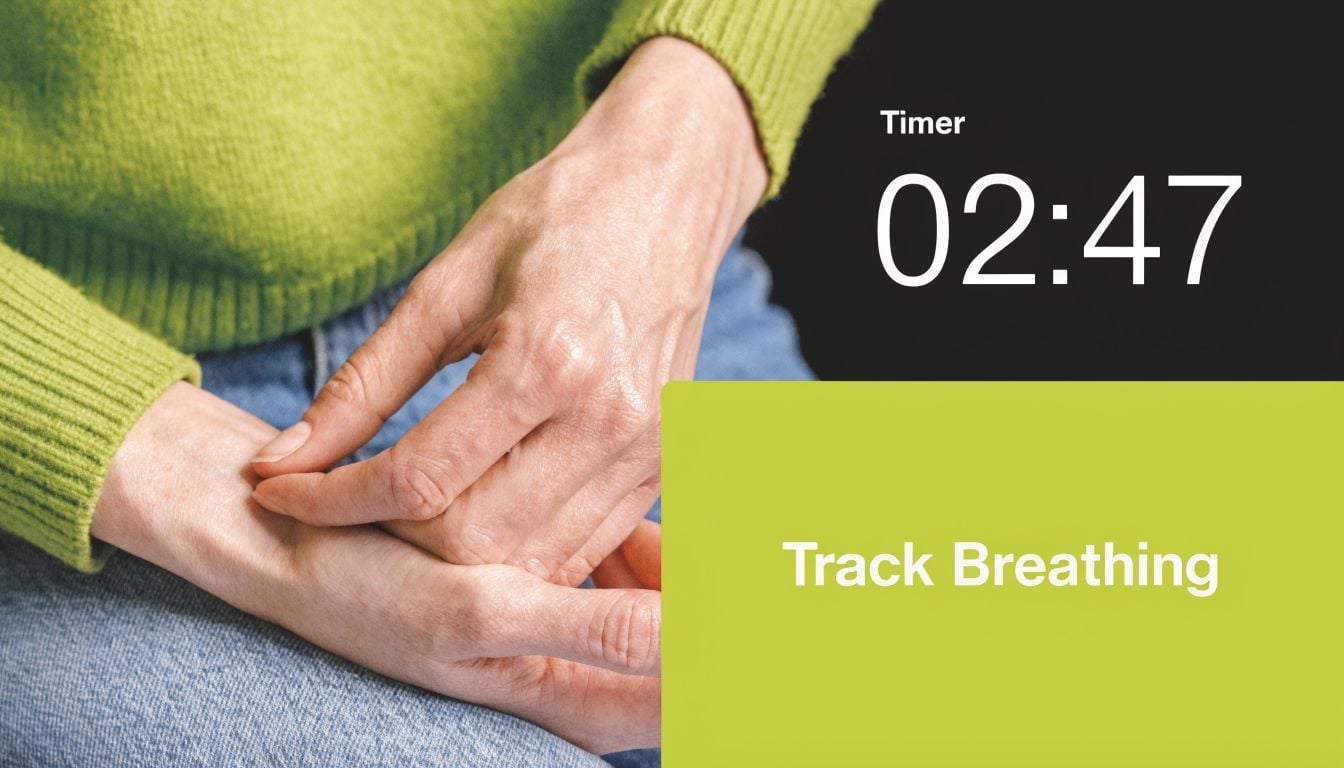 A close-up view of a person's hands resting on their lap while timing their breathing for health monitoring.