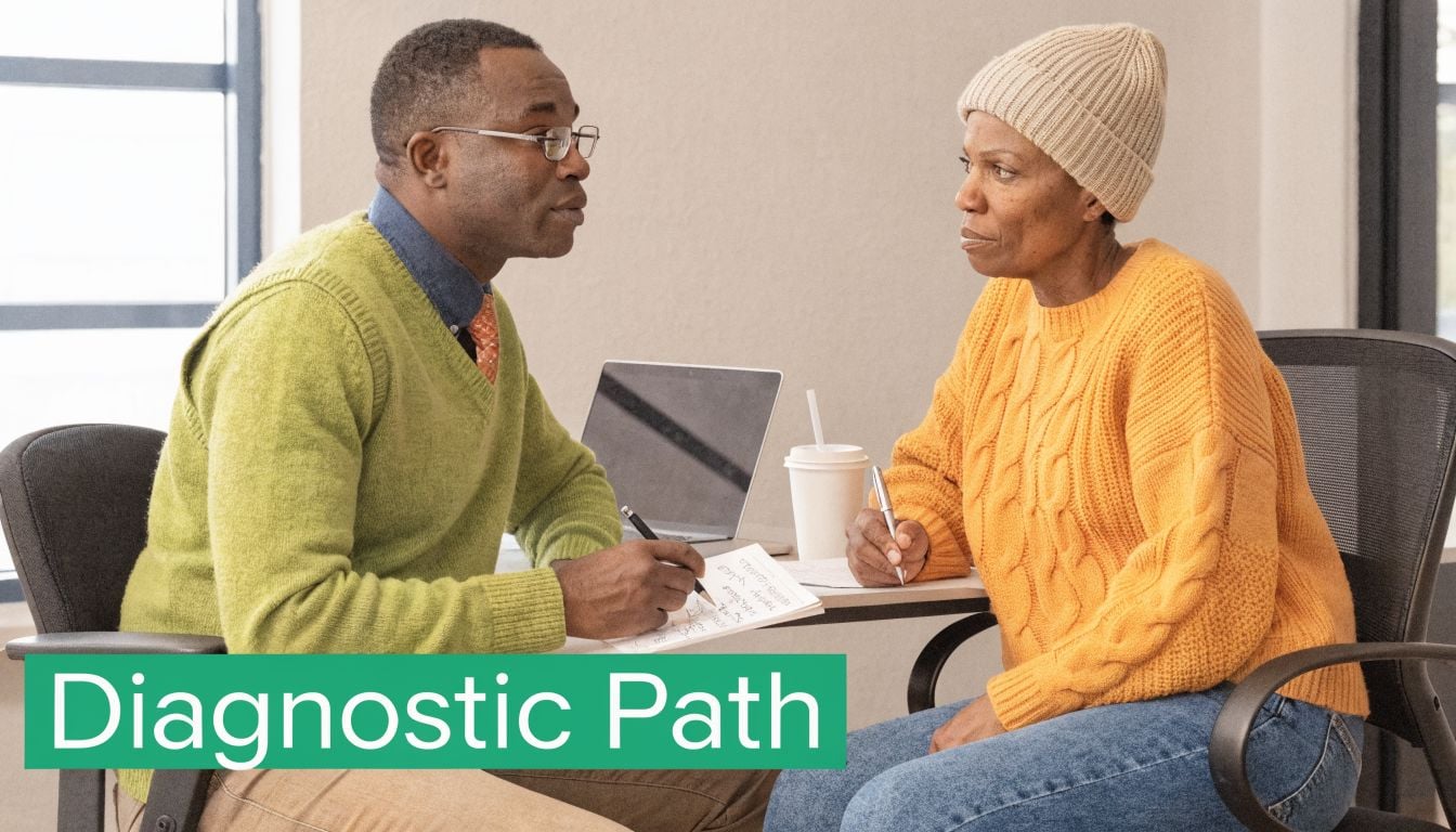 A professional counselor or doctor talks with a patient wearing a beanie during a consultation session.