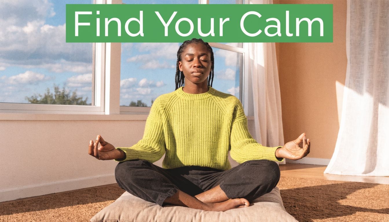 A woman with her eyes closed sitting in a peaceful meditative pose on a floor cushion.