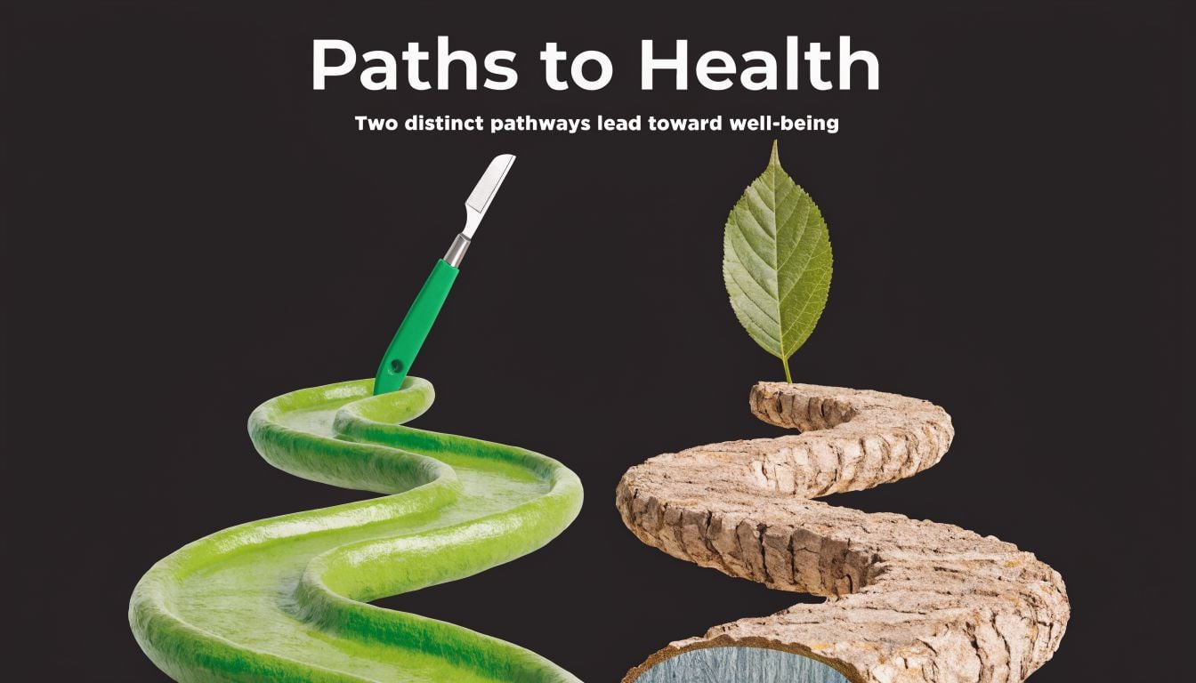 A split image representing surgery and natural healing paths toward wellness against a dark background.