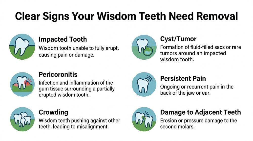 An infographic detailing six clear signs indicating when wisdom teeth need to be surgically removed.
