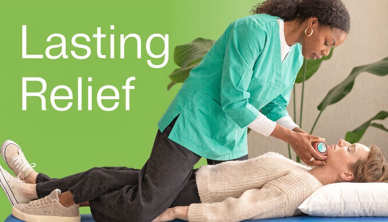 A practitioner providing jaw massage therapy to a patient to alleviate tension and facial muscle pain.