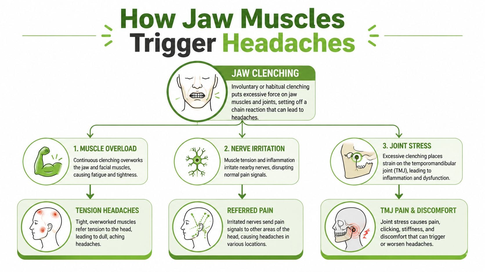 A diagram explaining how jaw clenching triggers headaches through muscle overload, nerve irritation, and joint stress.