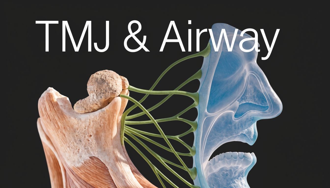 A 3D medical illustration showing the connection between the TMJ jaw joint and facial airway structures.