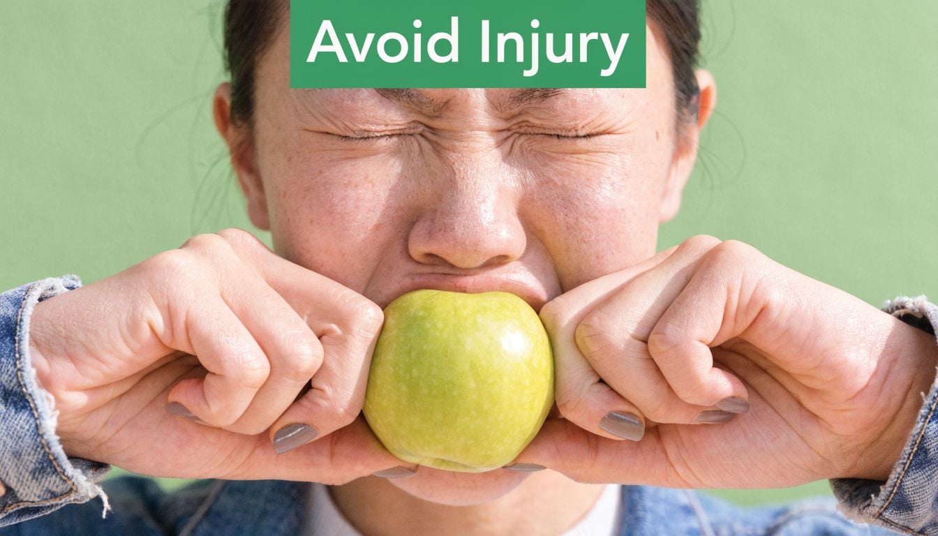 A young woman straining while holding a green apple against her teeth to highlight jaw discomfort.