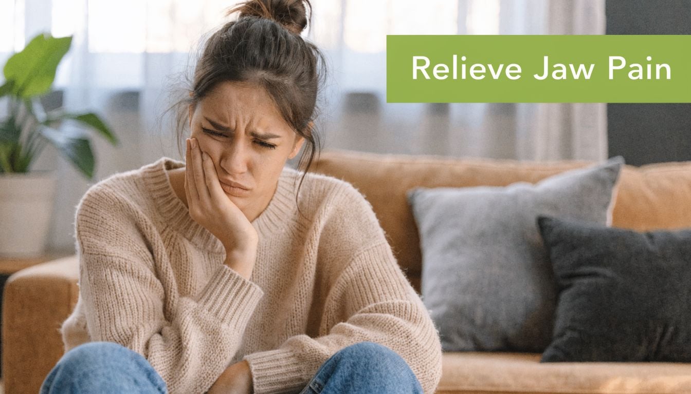 A young woman sitting on a couch while touching her cheek, suffering from painful jaw discomfort.