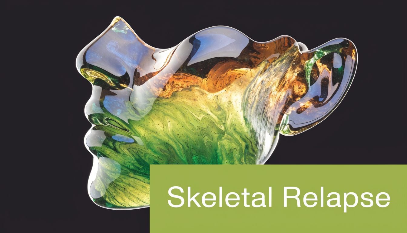 A glossy, colorful, abstract face-shaped sculpture set against a dark background with text reading Skeletal Relapse.