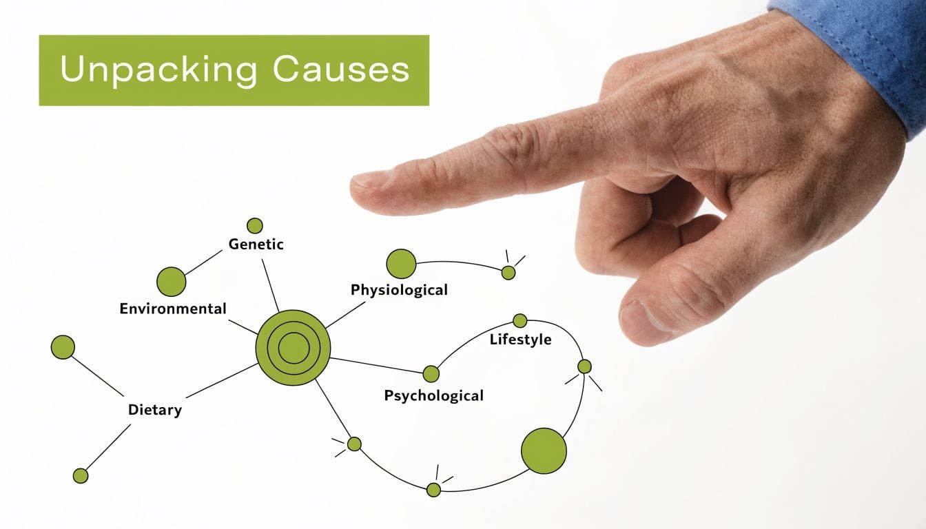 A conceptual diagram titled Unpacking Causes showing various lifestyle, genetic, and environmental health factors being analyzed.