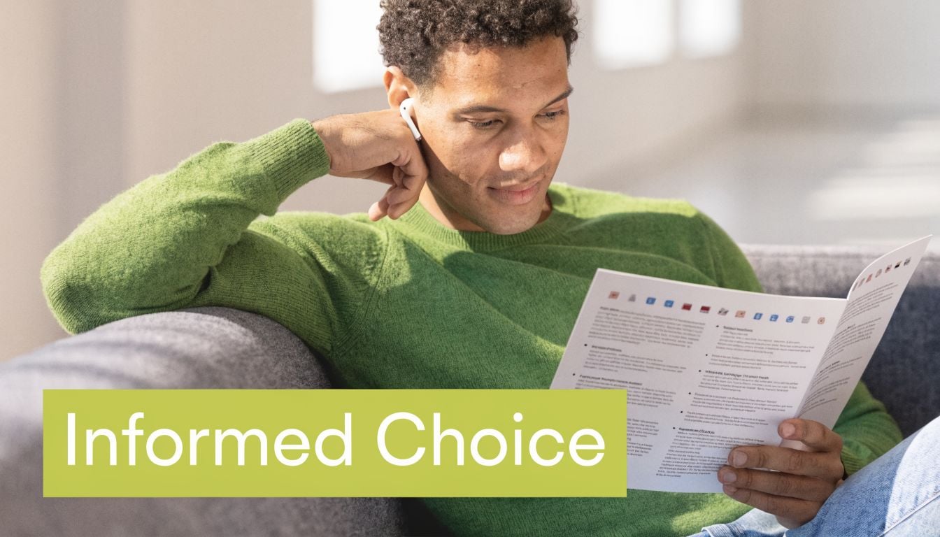 A young man wearing a green sweater reading an informative brochure while sitting on a comfortable couch.