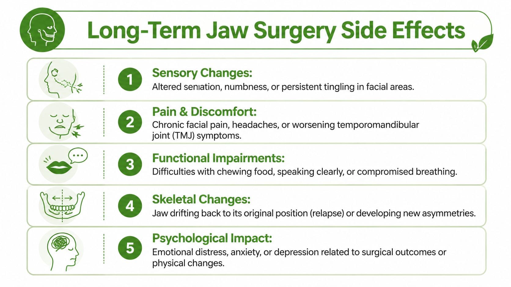 An infographic detailing five potential long-term side effects associated with undergoing corrective jaw surgery.