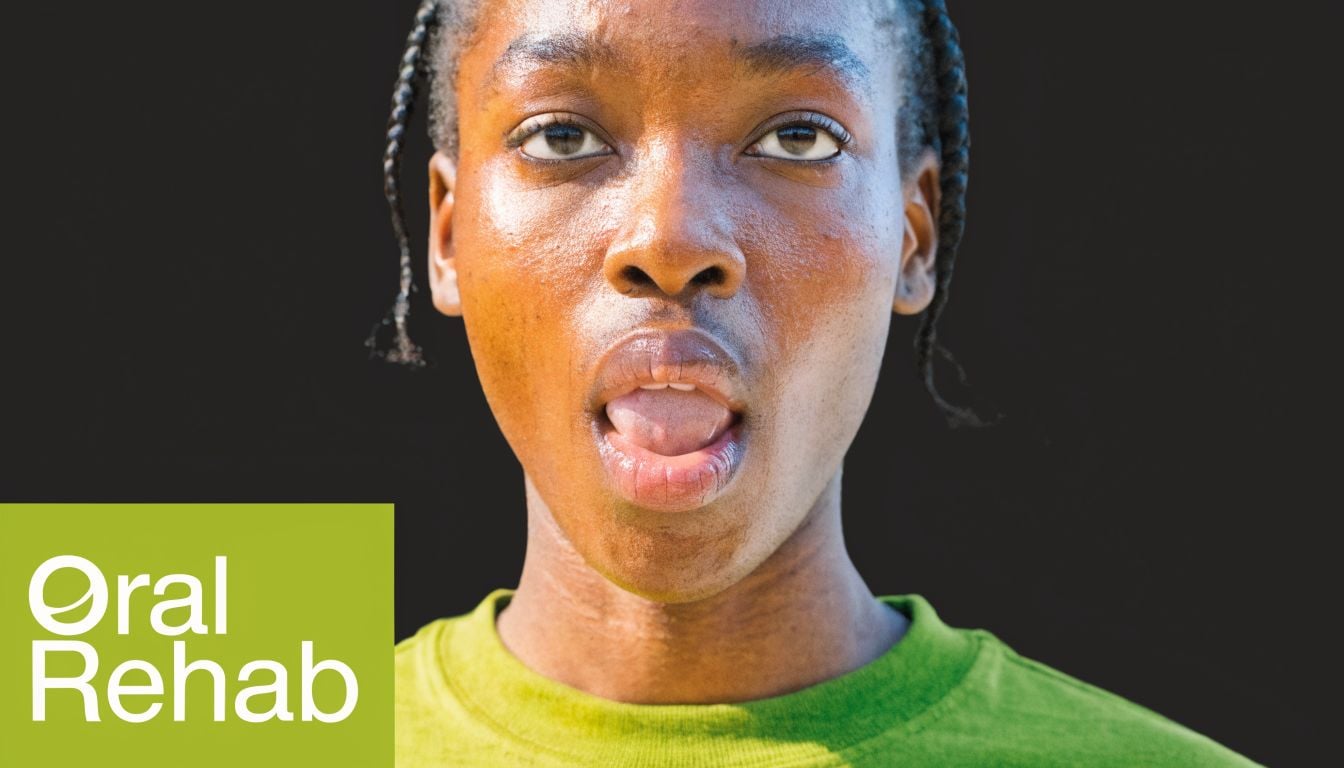 A person with braided hair performing myofunctional therapy exercises by pushing their tongue against the roof.