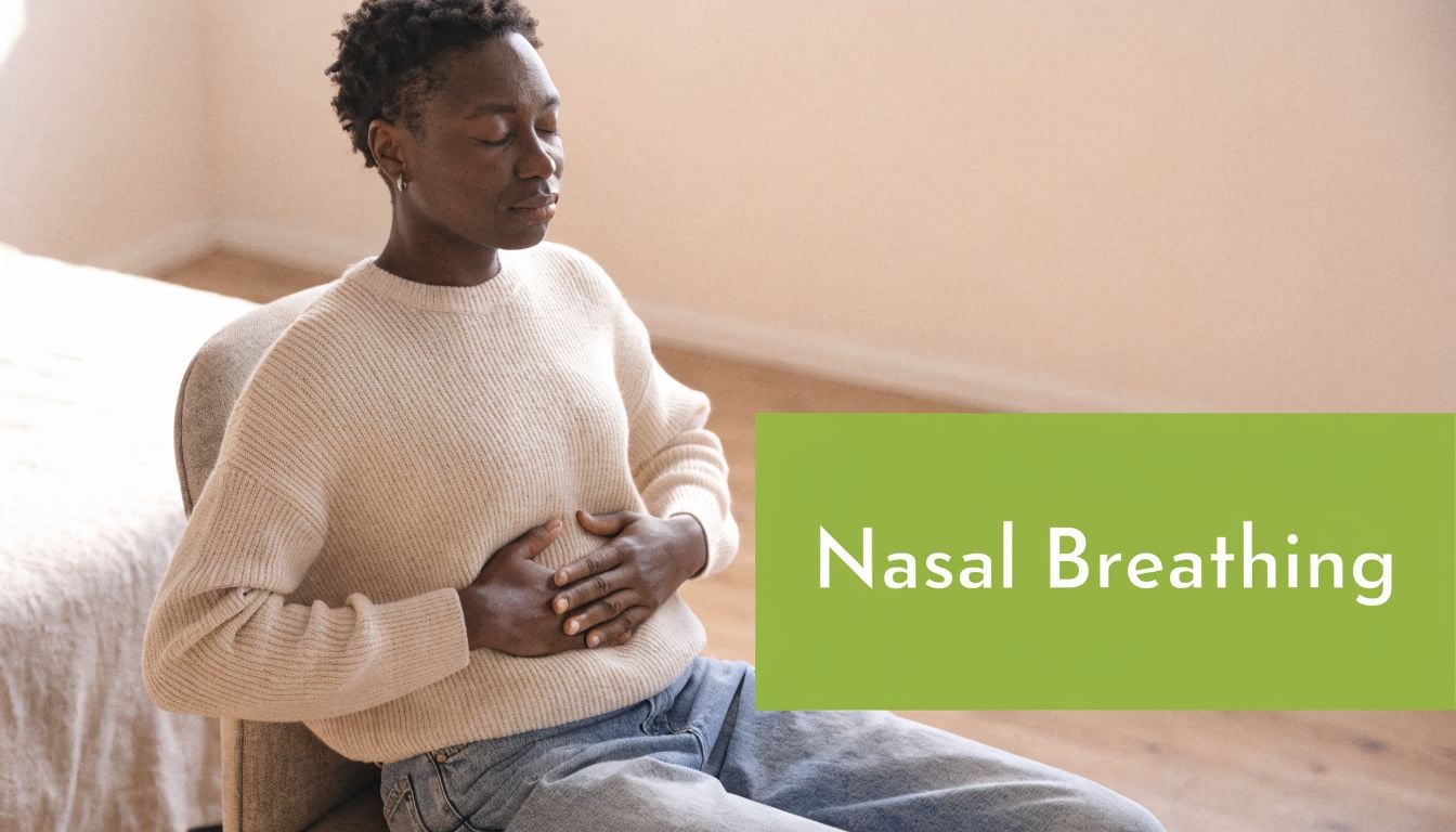 A person sitting on a chair with eyes closed, practicing nasal breathing for wellness and relaxation.