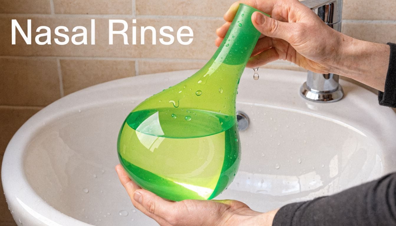 A person holding a green plastic neti pot for a nasal rinse over a bathroom sink.