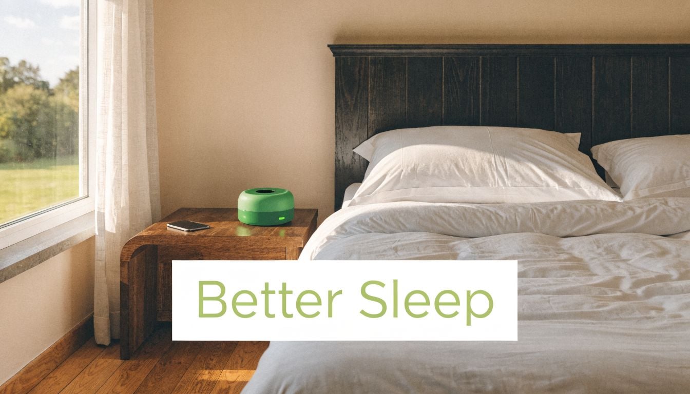 A bedside table with a sleep device and smartphone next to a cozy bed in a bedroom.