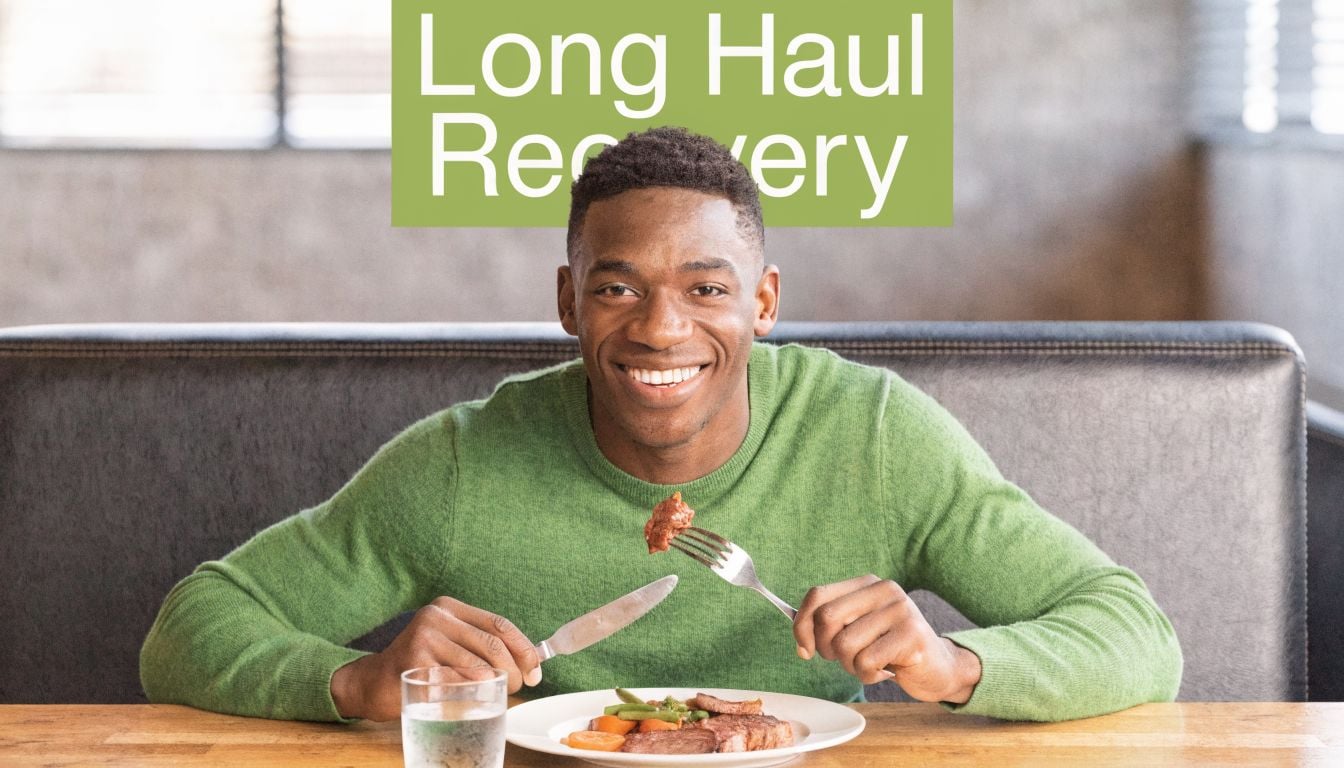 A smiling man in a green sweater eats a healthy steak dinner at a restaurant table.